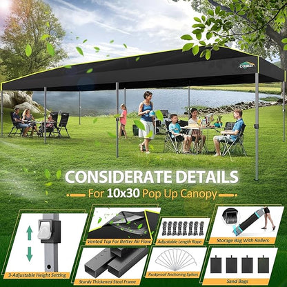 COBIZI 10x30 Pop Up Canopy with Air Vent Ez Pop Up Party 10x30 Canopies Tent Waterproof and UPF50+,Outdoor Canopy Tent for Parties Wedding Events,with Roller Bag, Sandbags, Black