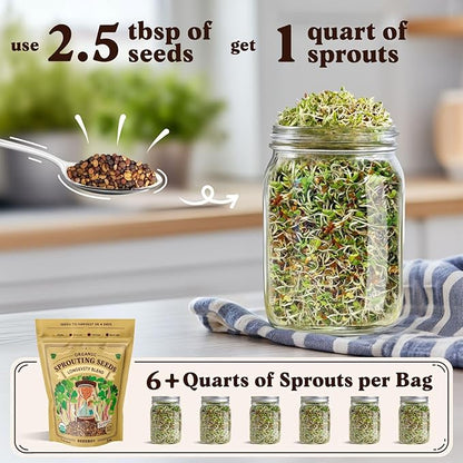 Seedboy Organic Non-GMO Sprouting Seeds, Longevity Blend – USA Grown Microgreens Mix with Broccoli, Red Kale, Black Kale, Alfalfa - 8 oz Bag Makes 6 Quarts / 20 Servings (Longevity Blend)