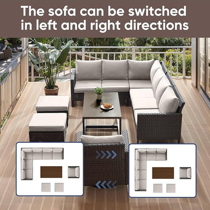 HUMMUH 8 Piece Patio Furniture All Weather 6-Seater Outdoor Sectional Sofa with Patio Swivel Chairs and Outdoor Chairs Ottomans for Porch,Garden,Backyard,Deck(Brown/Beige)