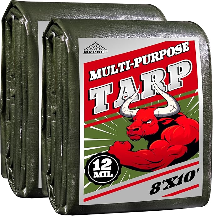 Green/Silver Heavy Duty Waterproof Tarp 8x10FT(2pack), 12mil Thick，Multifunctional tarp Whit Tear&Fade Resistant,UV Resistant,with Grommets and Reinforced Edges.