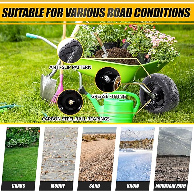 MZREXN 4.80/4.00-8" Flat Free Tire and Wheel, 15" Solid Wheelbarrow Tires, 3.00-4.00/4.80-8" with 5/8" & 3/4" Bearings, 3" Centered Hub for Hand Truck Garden Trailers Utility Cart Yard Wagon, Black