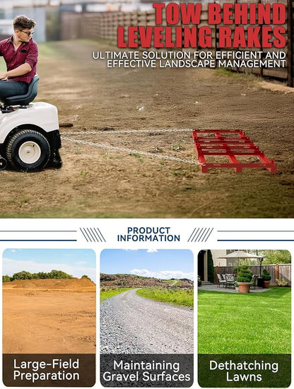 4ft Heavy Duty Drag Harrow for ATV, UTV, Tractor - Adjustable Tow Behind Leveling Rake with Weight Tray for Driveway Grader, Lawn, Field, Pasture, Food Plot Maintenance, Red(48 inch)