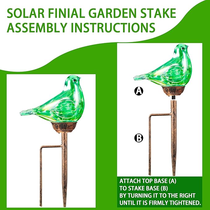 Solar Bird Garden Stake Lights - Hand Blown Glass Decorative Garden Pathway Lights Outdoor Waterproof Bird Glass Stakes (Green)