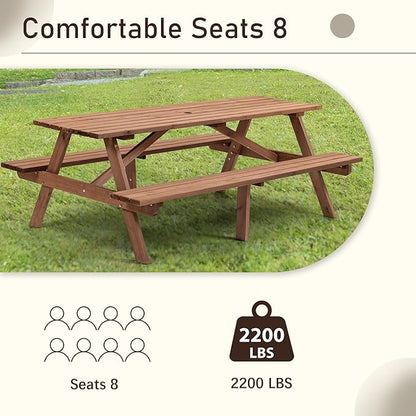 Picnic Table with Bench for 8 Person Outdoor Wooden Rectangle Table for Patio Garden Backyard Large Outside Dining Table Set with Umbrella Hole 6.26FT Brown