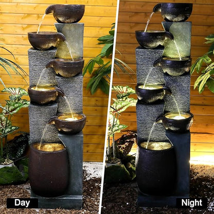 SunJet 6-Tiers Indoor/Outdoor Garden Water Fountain - 53.5inches Modern Floor-Standing Cascading Water Feature - Suitable for Deck, Patio, Porch, Yard Decor