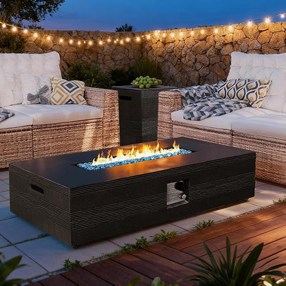 UPHA 56-inch Outdoor Propane Gas Fire Pit Table 50000 BTU Concrete Round FirePit for Outside Patio with Propane Tank Cover, Blue Glass Rocks, Rain Cover, Grey Texture