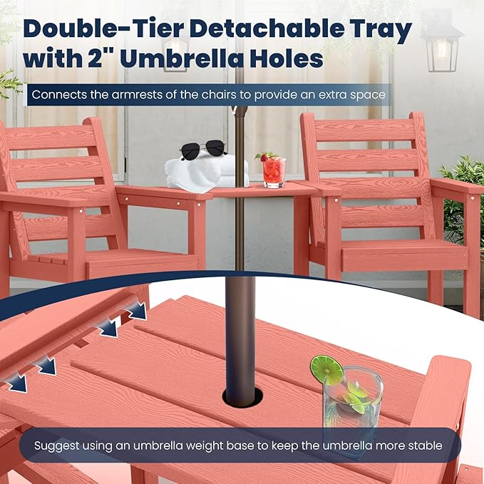 Tall Adirondack Chairs Set of 2, All Weather HDPE Poly Bar Height Balcony Adirondack Chair with Removable Double Connecting Trays, Outdoor Adirondack Barstools for Deck, Patio, Yard, Pool, Lawn