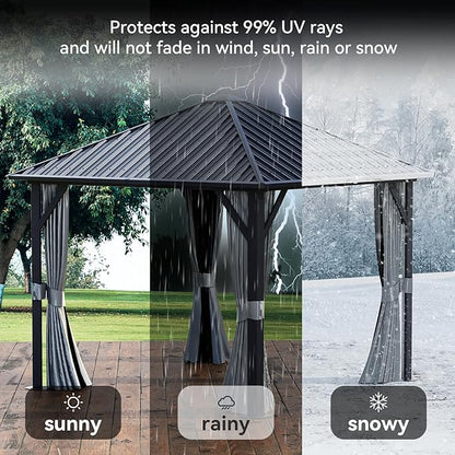Aoxun 10'x10' Hardtop Gazebo, Galvanized Steel Outdoor Canopy Aluminum Single Top, Permanent Metal Pavilion with Netting and Privacy Curtains for Backyard, Patio and Deck