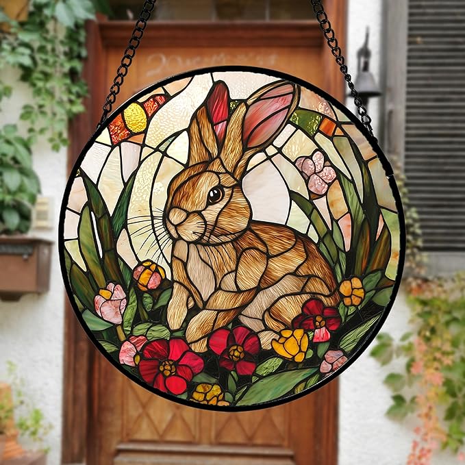 Stained Glass Window Hanging, Cute Bunny Flowers Sun Catcher for Window Door Home Decor, Rabbit Suncatcher Christmas Mother's Day Birthday Gifts for Women Men Mom and Nana 9.8 in