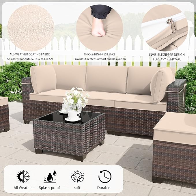 Outdoor Patio Furniture Set with Propane Fire Pit Table, 8 Pieces Outdoor Furniture Patio Sectional Sofa Conversation Set w/ETL Approved 43" Gas Outdoor Fire Table & Coffee Table Brown