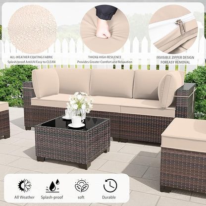 Outdoor Patio Furniture Set with Propane Fire Pit Table, 8 Pieces Outdoor Furniture Patio Sectional Sofa Conversation Set w/ETL Approved 43" Gas Outdoor Fire Table & Coffee Table Brown