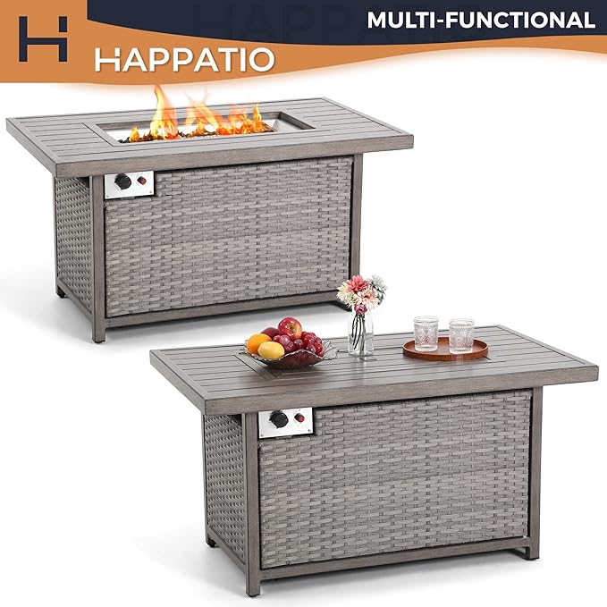 HAPPATIO 48inch 50,000 BTU Aluminum Patio Fire Pit,Wicker &Aluminum Rattan Square Propane Fire Pit Table.Propane Gas Fire Pit Table with Clear Glass Rock, Gray PE Rattan(Gray)