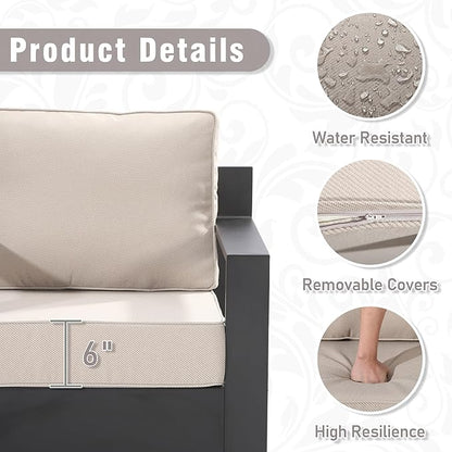 3 PCS Aluminum Patio Conversation Set - Outdoor 3-Seater Sofa, 2 Fixed Chair with 6" Thick Water-insistant Cushions, All-Weather Use Frame, Removable Cover, Ideal for Garden, Poolside (Beige)