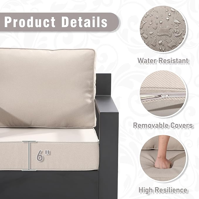 5 PCS Aluminum Patio Conversation Set - 3-Seater Sofa, 2 360° Swivel Chair, 2 Fixed Chair with 6" Thick Water-insistant Cushions, All-Weather Use Removable Cover, Ideal for Garden, Poolside (Beige)