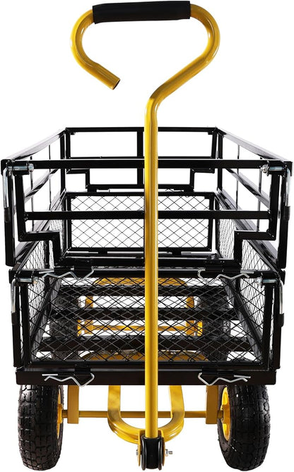 Heavy Duty Garden Wagon with Foldable Sides, Pneumatic Tires, Adjustable Handle (Yellow + Black Double Layer)