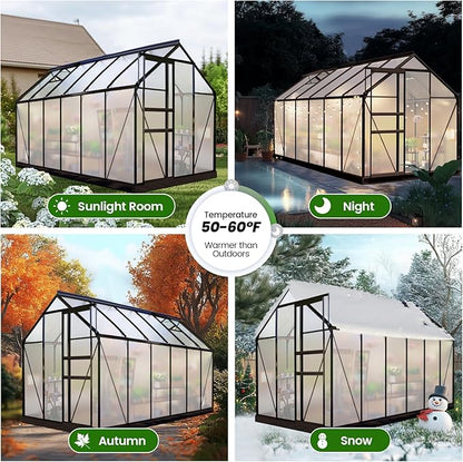 12x6ft Polycarbonate Greenhouse, Heavy Duty Walk-in Aluminum Greenhouse for Outdoors, Garden, Backyard, with Ventilation Window, Rain Gutter, Sliding Door