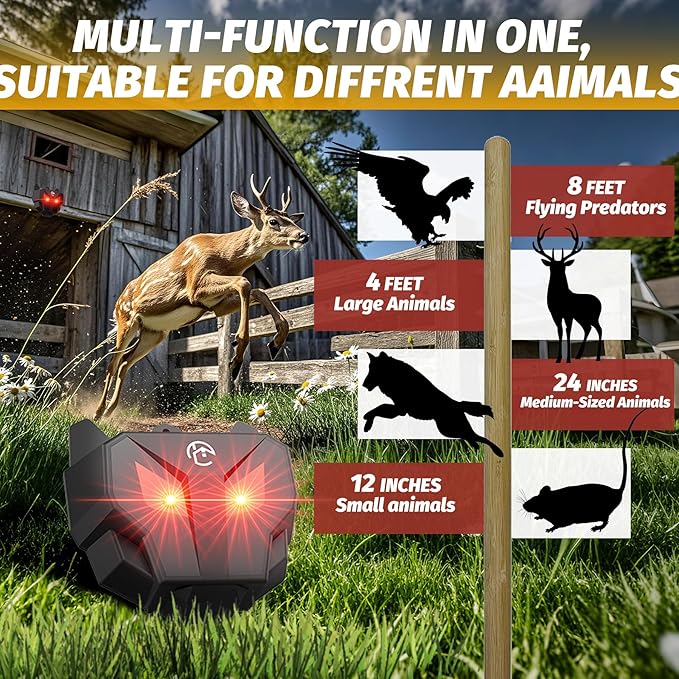 Solar Powered Racoon Repellent Devices with Flashing Lights, Waterproof Coyote Deterrent Device Energy-Efficient Predator Lights for Chicken Coop