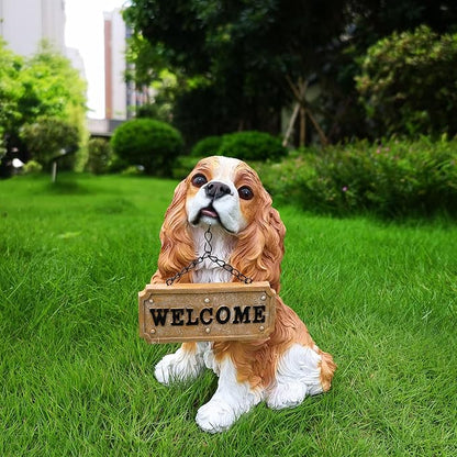Sunny Cavalier King Charles Spaniel Solar Welcome Dog Statue, Hand-Painted Sitting Resin Puppy Figurine with Dual Signs and Lantern for Garden, Patio, and Front Porch Décor
