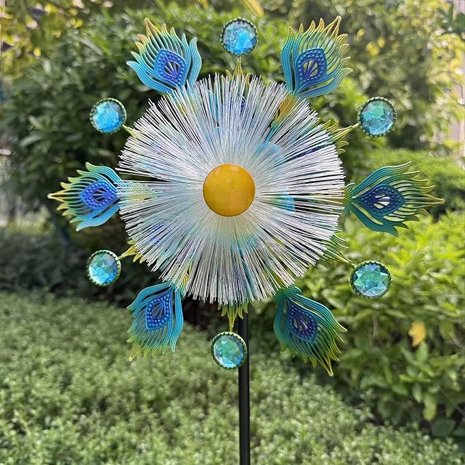46" Peacock Feather Solar Wind Spinners for Yard and Garden, Sapphire Kinetic Windmill Wind Spinner Outdoor Decor, Wind Sculpture Yard Art for Patio, Lawn & Garden