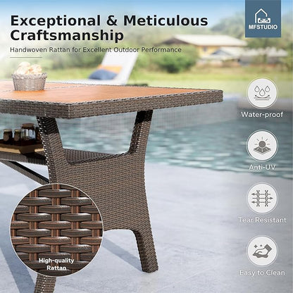 MFSTUDIO Outdoor Dining Sets for 8, 9 Pieces Patio Dining Furniture, 74’’ Rectangular Table Set and Chairs, Acacia Wood Top & Rattan and Metal Frame, Outdoor Patio Modern Furniture