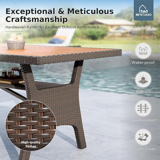 MFSTUDIO Acacia Wood Outdoor Dining Table, 75’’ Rectangular Dining Table for 6-8 with Storage Space, Metal & Wicker Frame and Adjustable Foot Pads, Patio Table for Deck, Backyard