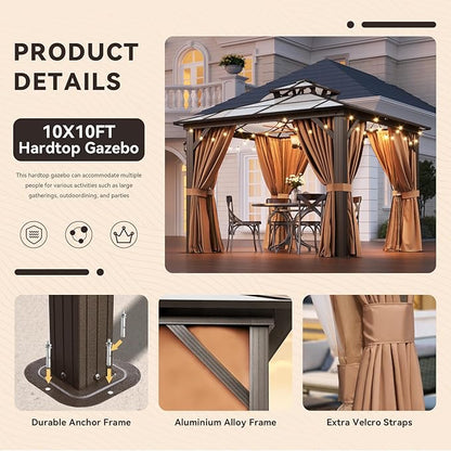 Aoxun 10'x10' Hardtop Gazebo, Aluminum Frame Permanent Pavilion with Netting and Curtains, Outdoor Polycarbonate Double Roof Canopy, Designed for Lawn, Garden, Patio (Khaki)