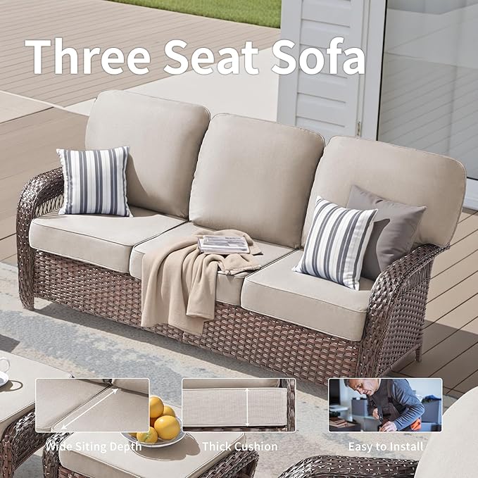Patio Furniture Set, All Weather 3 Pieces Wicker Outdoor Small Sectional Set, 5" Thick Rattan Conversation Set with 3-seat Sofa and Ottoman for Lawn, Garden, Beige/Brown Wicker