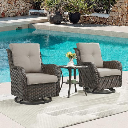Outdoor Patio Swivel Rocker Chairs - 3 Piece Patio Bistro Set, Wicker Patio Furniture Set with 2 Swivel Rocking Chairs and 1 Glass Top Side Table for Deck Porch Garden, Brown/Grey