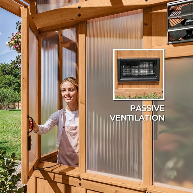 Backyard Discovery Poppy 9' x 6' Cedar Wood and Polycarbonate Walk-in Greenhouse Kit with Exhaust Fan, Windows, Hose Hook-Ups, PowerPort, Staging Shelves, Plant Hooks for Year-Round Outdoor Gardening