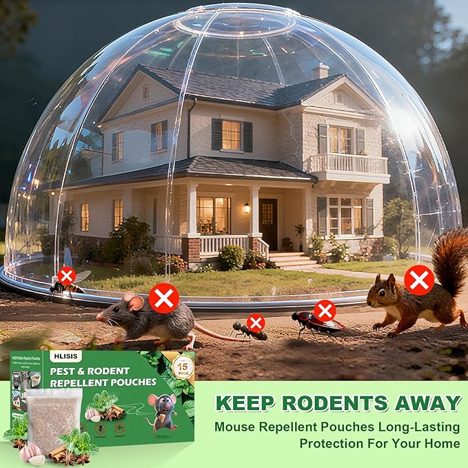 15 Pack Mouse Repellent Pouches, Natural Peppermint Oil Rodent Repellent Pouches for Mice, Squirrel, Rats, Roaches, Ant, Spiders and Other Pests, Indoor & Outdoor Use