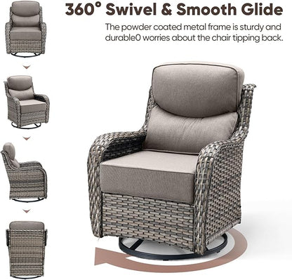 Swivel Patio Chairs sofa Set of 4 with 6" Thick Cushion - Wicker Outdoor Swivel Rocker Patio Chair ,Sofa/Glass coffee table, High Back Comfortable Outdoor Glider Chairs - Grey Wicker | Grey Cushions