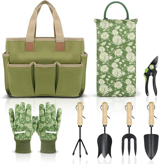 Colwelt Garden Tools Set, 8 Piece, Heavy Duty Gardening Tools with Wooden Handle, Including Garden Tote, Kneeling Pad, Gloves, Pruner, Trowel, Tulip Trowel, Cultivator - Gardening Gifts for Women Men