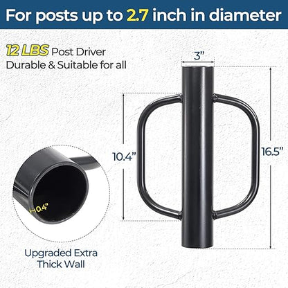 Fence Post Driver, 12LBS Fence Post Driver with Handle, 2.7 inch Inner Diameter Hand Post Pounder, Heavy Duty T Post Rammer Driver Tool for Wooden Post U Channel Fence Post Metal Post, Black 17 Inch