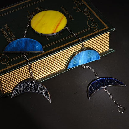 Celestial Blue Stained Glass Sun and Moon Window Hanging Handmade Stained Glass Suncatcher Boho Home Decor Sun Catcher for Indoor Window Panel Mystic Gift for Women
