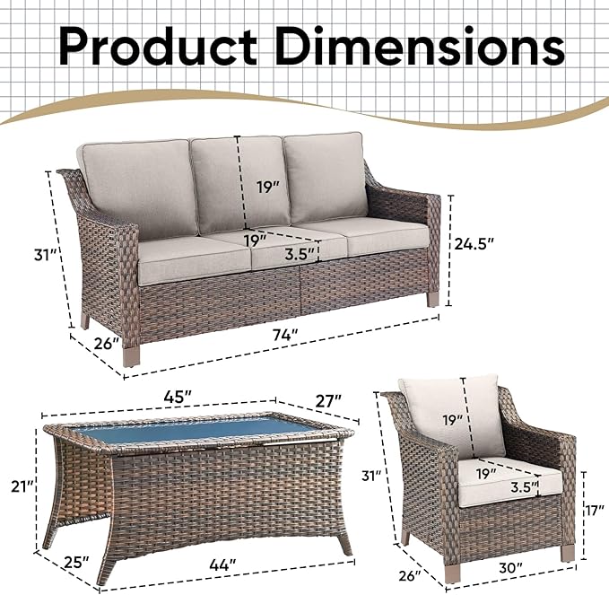 4 Piece Patio Furniture Set-Outdoor Rattan Wicker Sofa with Patio Chairs Outdoor Furniture for Porch Garden Backyard Poolside-Brown/Beige