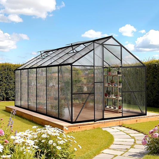 VEVOR 8 x 14 FT Polycarbonate Greenhouse, Heavy Duty Outdoor Green House with Adjustable Vent & Push-Pull Lockable Door, Quick Setup, Aluminum Frame Walk-in Greenhouse Sunroom for Outside Garden Lawn