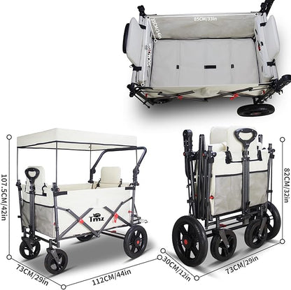 TMZ Collapsible Foldable Wagon Cart with Quick-Release Wheels and 2 Seats, Heavy Duty Wagon 265LBS Load Capacity for Camping Garden Shopping (Beige)