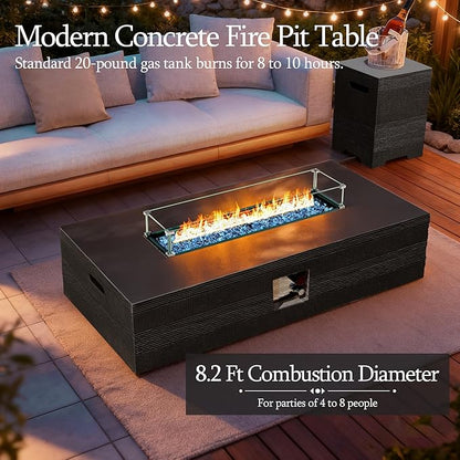 UPHA 56-inch Outdoor Propane Gas Fire Pit Table 50000 BTU Concrete Rectangle FirePit for Outside Patio with Propane Tank Cover, Wind Guad, Navyblue Fire Glass, Rain Cover, Grey Texture