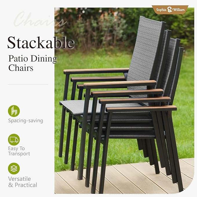 Sophia & William Outdoor Dining Set 7 Pieces, 6 x Aluminum Stackable Chair for Space-Saving and 59" x 35" Patio Dining Table, Easy to Move for Outdoor Garden Lawn (Grey)