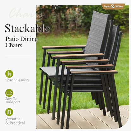Sophia & William Patio Sets 5 Pieces, Lightweight Aluminum Dining Chairs with 42" Round Metal Dining Table, Stackable and Easy to Move for Lawn Garden Yard Porch (Grey)