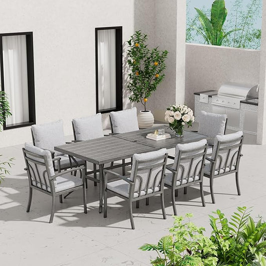 HAPPATIO 9-Piece Patio Dining Set - All Aluminum Table and Chairs for 8, Includes Rectangular Table and 8 Chairs with Cushions, Lawn, Garden