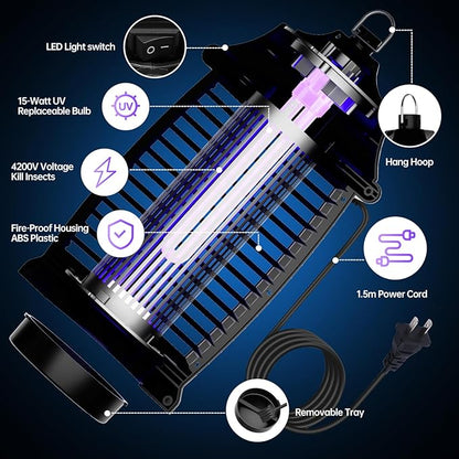 Bug Zapper Indoor, Electric Mosquito Fly Zapper Effective 4000V Plug in Insect Zapper Flies Traps 6.5 FT for Home Patio Office Courtyard