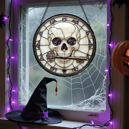 Stained Glass Window Hanging - Halloween Scary Skull Suncatcher for Doors Garden Home Spooky Purple Skeleton Key Sun Catchers Gothic Decor Horror Gifts for Women Men Friend Boy Girl 9.8 in