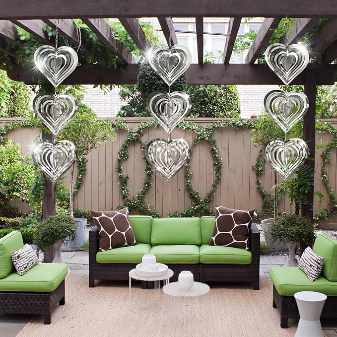 9 Heart Bird Scare Discs Set-Highly Reflective Double-Sided Bird Reflectors, Stainless Steel Wind Spinner with 360° Rotating Hook, Mirrored Wind Chime Decor for Yards, Gardens, Balconies & Orchards