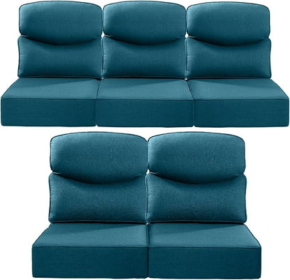 Luxury 22x24/22x25 6-Inch Smile Outdoor Cushions for Patio 5 Piece Set - Set of 5 Zippered Outside Pillows for Wicker Dining Rocking Gliders Loveseat Couch Sectional Sofa - Peacock Blue