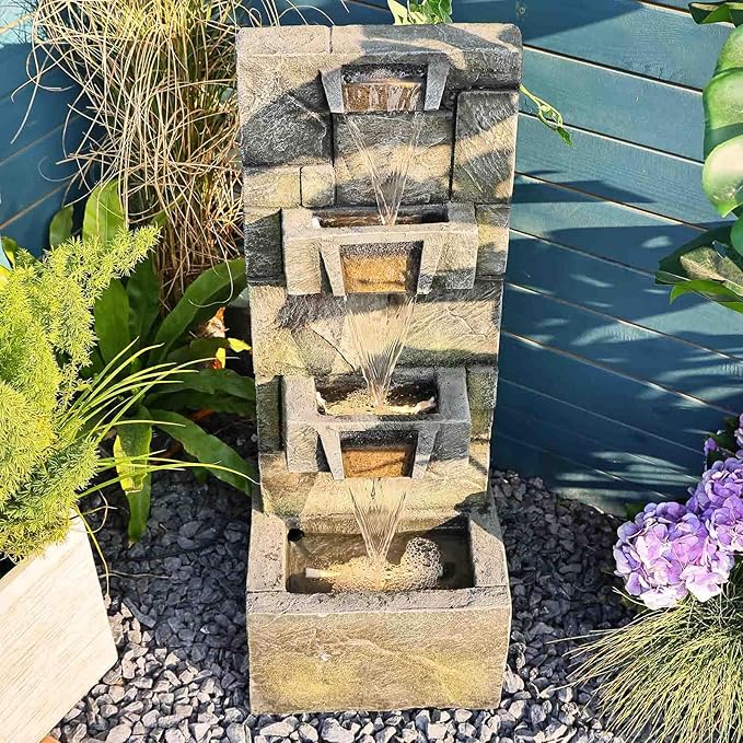 32.2 Inch Outdoor Water Fountain 3-Tiers Garden Waterfall Fountain Outdoor Cascade Water Feature with Lights and Pump for Garden Patio Porch Yard Pool Home Decor, Gift