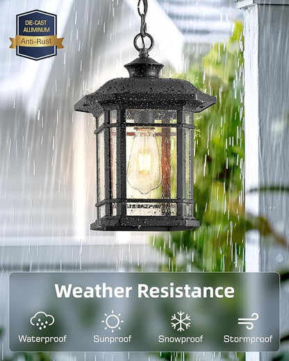 VIANIS Large Outdoor Pendant Light, Black Chandelier Lantern, Anti-Rust Outdoor Hanging Lights, Porch Lights Ceiling with Tempered Seed Glass for House