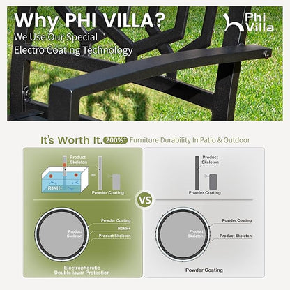 PHI VILLA 7 Pieces Outdoor Round Dining Set for 6, Wrought Iron Dining Circular Table with Umbrella Hole & Stackable Metal Steel Chairs, Large Dining Furniture Set for Patio, Deck, Yard, Porch