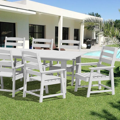 LOUNZY 7 Pieces Patio Dining Sets, 75.2'' Table Outdoor HDPE Furniture Set w/ 2" Hole Cut-Out Dining Table with 6 Patio Chairs for Lawn, Pool and Yard,White