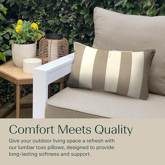 Honeycomb Outdoor Lumbar Pillow 2-Pack, 22 x 12, Cabana Stripe Tan Throw Pillows for Patio Furniture